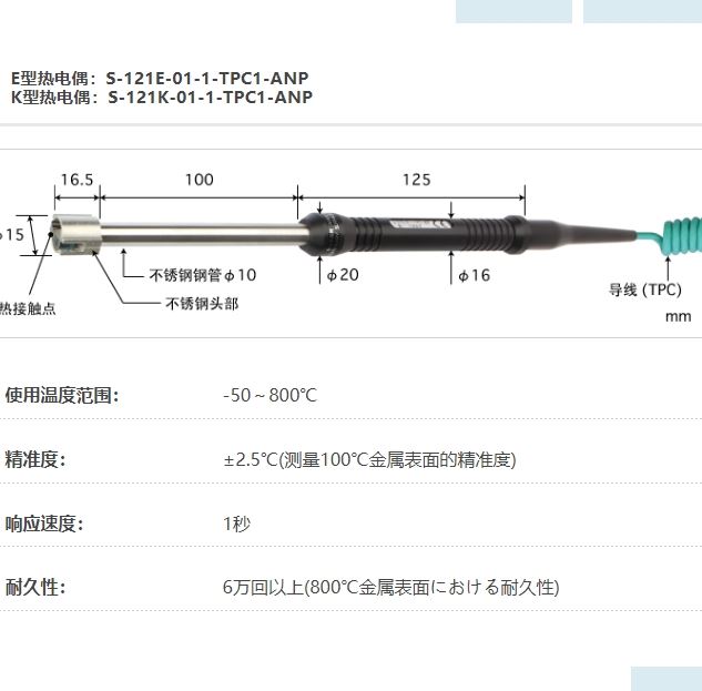 ANRITSU安立计器温度计高性能静止表面用温度传感器S系列S-121-01-1-TPC1-ANP