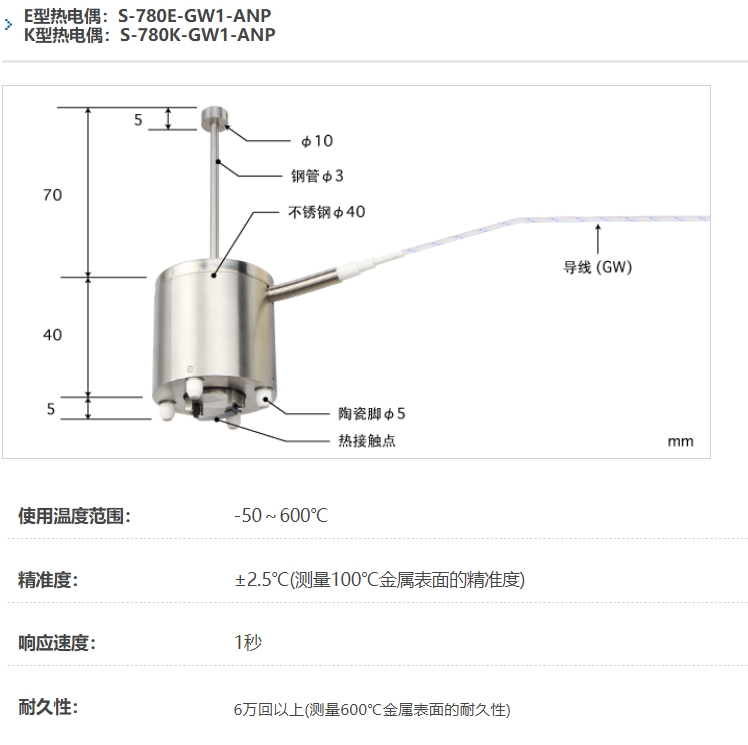 ANRITSU安立计器高性能自重型表面温度传感器S-780-GW1-ANP