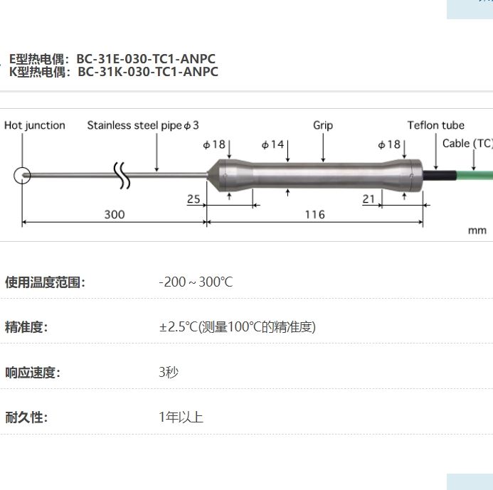 ANRITSU安立计器温度计食品用内部温度传感器BC-31-030-TC1-ANPC