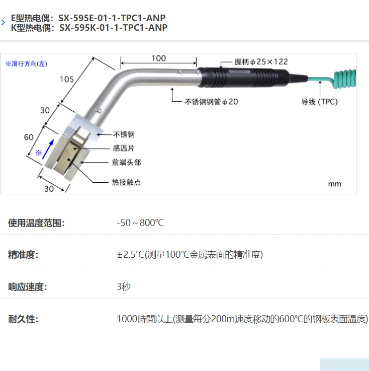 ANRITSU安立计器温度计高性能移动表面用温度传感器接触辅助型SX-595-01-1-TPC1-ANP