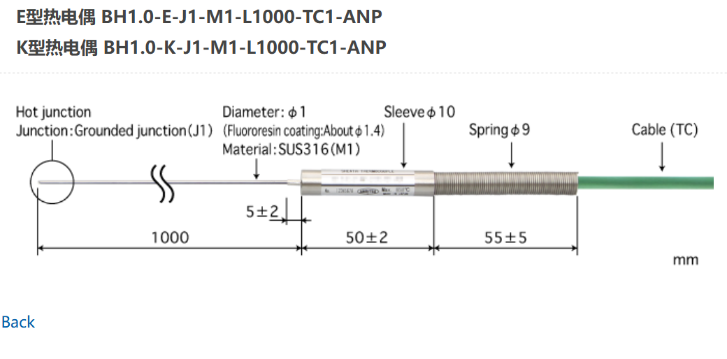 日本ANRITSU安立計器套管型温度传感器BH1.0-E-J1-M1-L1000-TC1-ANP